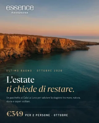 🌊 L’ULTIMO BAGNO DELLA STAGIONE

Ottobre a Favignana ha un ritmo tutto suo: mare più tranquillo, giornate luminose, natura, storia e sapori siciliani da vivere senza fretta.

Al Cala La Luna ti aspetta un pacchetto pensato per salutare l’estate nel modo migliore: soggiorno con Essence Breakfast, una giornata in bicicletta, ingresso al Giardino dell’Impossibile e al Museo della Tonnara & Palazzo Florio, aperitivo e cena con beverage incluso.

€349 per 2 persone ☀️
Pacchetto valido per soggiorni nel mese di ottobre, secondo disponibilità.

E se non vuoi ancora tornare a casa, puoi aggiungere altre notti a €99 per 2 persone, con pernottamento e Essence Breakfast inclusi.

Il tuo unico compito? Goderti l’ultimo bagno.
Al resto pensiamo noi.

➡️ Promo al link in bio